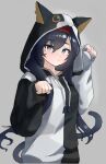  1girl animal_hood arknights black_hair black_sweater blaze_(arknights) blue_eyes cat_girl cat_hood cat_tail commentary dated_commentary drawstring grey_background hair_between_eyes hairband hands_up hood hood_up hooded_sweater jambujok light_blush long_sleeves official_alternate_costume paw_pose red_hairband simple_background solo sweater tail two-tone_sweater white_sweater 