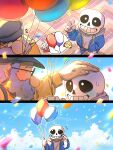  2boys artist_name balloon black_shorts blue_jacket blush brown_shirt confetti day frisk_(undertale) glasses hat headpat highres holding holding_balloon hood hood_down hooded_jacket jacket korokor59513559 male_focus multiple_boys open_clothes open_jacket outdoors papyrus_(undertale) round_eyewear sans shirt shorts skeleton sky teeth twitter_username undertale 