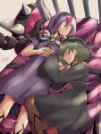  1boy 1girl arrow_(symbol) bedman bolt brother_and_sister closed_eyes dated delilah_(guilty_gear) glasses green_hair guilty_gear guilty_gear_strive guilty_gear_xrd highres mariebell on_bed pillow purple_hair round_eyewear short_hair siblings signature sleeping spikes 