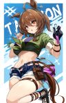  1girl :o absurdres agnes_tachyon_(lunatic_lab)_(umamusume) agnes_tachyon_(umamusume) animal_ears bikini black_bikini black_footwear black_gloves blush border breasts brown_hair character_name cleavage criss-cross_halter denim denim_shorts ear_ornament english_commentary flask gloves green_jacket groin hair_between_eyes halterneck highres holding holding_test_tube horse_ears horse_girl horse_tail jacket kii-kun_(agnes_tachyon)_(umamusume) large_breasts looking_at_viewer medium_breasts midair midriff navel official_alternate_costume open_fly open_mouth red_eyes round-bottom_flask sandals short_hair shorts sidelocks single_glove skindentation sleeves_rolled_up solo solo_focus standing standing_on_one_leg summer&#039;s_sunlight_fades_to_blue_(umamusume) swimsuit sylph_kim tail test_tube thigh_strap thighs tied_jacket umamusume white_border 