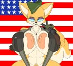  2023 abs absurd_res anthro big_breasts bodily_fluids breast_squish breasts canid canine clothing colored curvy_figure digital_drawing_(artwork) digital_media_(artwork) eyewear female flag flat_colors fox g-string glasses greektrebuchet gun hat headgear headwear hi_res huge_breasts lt._fox_vixen mammal military military_cap nipples nude pouches pubes puffy_nipples ranged_weapon sek_studio solo squirrel_and_hedgehog squish sweat sweaty_breasts thick_thighs underwear voluptuous weapon wide_hips 
