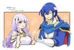  bandana bare_shoulders blue_hair brother_and_sister cape dress fire_emblem fire_emblem:_genealogy_of_the_holy_war gloves hand_grab julia_(fire_emblem) purple_eyes purple_hair seliph_(fire_emblem) siblings simple_background yukia_(firstaid0) 