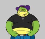  2023 alligator alligatorid anthro belly big_belly bottomwear brok_(character) brok_the_investigator clothing crocodilian green_body hat headgear headwear hi_res male overweight overweight_male pants reptile scalie shirt simple_background solo syncrotrace topwear 