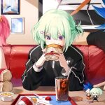  1girl 2boys aina_ardebit bendy_straw black_jacket burger chibi cola drinking_straw eating fast_food food french_fries galo_thymos glass green_hair hair_ornament hairpin highres holding holding_food jacket lio_fotia multiple_boys otoko_no_ko out_of_frame picture_frame prmattotia promare purple_eyes short_hair side_ponytail sitting soda solo_focus tray 