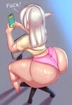  absurd_res big_butt butt cellphone chair clothing elf female furniture hi_res holding_cellphone holding_object holding_phone huge_butt humanoid n-kosi not_furry panties phone solo thick_thighs underwear wide_hips 