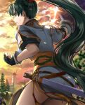  1girl 4boys ass battle belt blue_dress brown_belt clenched_teeth cloud delsaber dress earrings fingerless_gloves fire_emblem fire_emblem:_the_blazing_blade floating_hair gloves green_eyes green_hair highres holding holding_sword holding_weapon jewelry long_hair lyn_(fire_emblem) multiple_boys outdoors sash side_slit sky solo_focus sunset sword teeth thighs very_long_hair weapon yellow_sky 