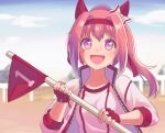  1girl :d animal_ears blue_sky bow collarbone day ear_bow ear_covers fingerless_gloves flag flower_in_eye gloves hair_intakes haru_urara_(umamusume) hasemil headband holding holding_flag horse_ears horse_girl jacket long_hair long_sleeves looking_at_viewer multicolored_eyes open_mouth outdoors pink_eyes pink_hair ponytail purple_eyes red_gloves red_headband shirt sky smile solo sweat symbol_in_eye track_jacket umamusume upper_body white_bow white_jacket white_shirt 