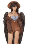  animal_ears black_hair black_wings boots breasts brown_headwear brown_jacket cleavage cowboy_boots cowboy_hat cowboy_western feathered_wings hat highres horse_ears horse_tail jacket k0nfette kurokoma_saki ponytail tail thighs touhou wings 
