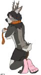  2016 anthro antlers black_hair boxers_(clothing) cervine clothing collar deer eye_scar facial_scar feet foot_focus full_pad fur grey_body grey_fur hair hi_res holding_leash holding_object horn leash leashed_collar looking_at_viewer looking_back looking_back_at_viewer male mammal orange_eyes paws ra&#039;deer scar shirtless shirtless_anthro shirtless_male solo underwear 