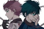  2boys ayami_chan_0122 black_gloves blue_eyes blue_hair blue_lock blue_shirt brothers chain closed_mouth collar gloves hand_on_own_face hand_up highres itoshi_rin itoshi_sae long_sleeves looking_away male_focus multiple_boys parted_lips portrait profile red_hair shirt short_hair siblings white_background white_shirt 
