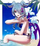  1girl beach bikini blue_bikini blue_eyes blue_hair blue_nails blue_wings commentary elira_pendora h!sui hair_ornament hair_over_one_eye head_wings highres in_water long_hair multicolored_hair nijisanji nijisanji_en one_eye_covered open_mouth smile solo swimsuit v virtual_youtuber white_hair wings x_hair_ornament 