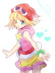  1girl amitie_(puyopuyo) blonde_hair blush bracelet green_eyes heart jewelry looking_at_viewer puyopuyo red_headwear short_hair shorts sleeveless solo yoriyomo 