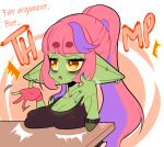 4_fingers absurd_res breasts clothing colored_nails dialogue fangs female fingers floppy_ears goblin green_body green_skin hair hi_res humanoid nails open_mouth piercing pink_hair purple_hair short_stack simple_background solo srtamimiigoblin teeth text thump_(meme) yellow_eyes 