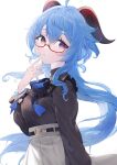  1girl :o ahoge amenosaka_nono black_bow black_shirt blue_hair bow breasts commentary frilled_shirt frilled_sleeves frills from_side ganyu_(china_merchants_bank)_(genshin_impact) ganyu_(genshin_impact) genshin_impact glasses high-waist_skirt highres horns long_hair long_sleeves looking_at_viewer medium_breasts official_alternate_costume parted_lips purple_eyes red-framed_eyewear semi-rimless_eyewear shirt shirt_tucked_in sidelocks simple_background skirt solo symbol-only_commentary turtleneck upper_body white_background white_skirt 
