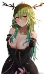  1girl antlers black_gloves blush branch breasts ceres_fauna cleavage crown flower gloves green_hair hair_flower hair_ornament highres hololive hololive_english jewelry kotodekun large_breasts long_hair looking_at_viewer mole mole_under_eye multicolored_hair partially_fingerless_gloves smile solo virtual_youtuber yellow_eyes 