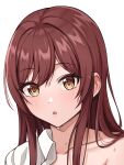  1girl blush close-up collarbone collared_shirt idolmaster idolmaster_shiny_colors long_hair looking_at_viewer open_clothes open_mouth osaki_amana red_hair shirt simple_background solo sorugi_park sweat swept_bangs undressing white_background white_shirt yellow_eyes 