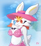  absurd_res ambiguous_gender anthro beach between_breasts big_breasts big_tail bikini bingbingo_(artist) blurred_background breasts buckteeth cinderace clothing duo eyewear female flower_in_hat fur generation_8_pokemon hat headgear headwear hi_res navel nintendo pattern_bikini pattern_clothing pattern_swimwear pink_bikini pink_clothing pink_hat pink_headwear pink_swimwear plant pokemon pokemon_(species) red_eyes red_nose sand scorbunny seaside signature size_difference smile straw_hat sunglasses swimwear tail teeth tree white_body white_fur yellow_inner_ear 