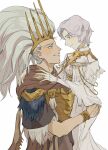  1boy 1girl armor blush bracelet breastplate breasts brother_and_sister cowboy_shot crown dark_souls_(series) dark_souls_i dark_souls_iii dark_sun_gwyndolin dress eye_contact fur-trimmed_shirt fur_trim genderswap genderswap_(mtf) grey_dress grey_eyes grey_hair highres jewelry large_breasts long_hair long_sleeves looking_at_another nameless_king profile ring shirt short_hair short_sleeves siblings smile teeth zunkome 