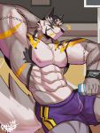  abs absurd_res anthro bottomwear bulge canid canine canis clothing hi_res lifewonders male mammal muscular muscular_anthro muscular_male nipples pecs q&#039;ursha_(housamo) raised_arm ren_kream shirtless shorts solo tokyo_afterschool_summoners wolf 