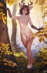  2023 anthro antlers breasts deer detailed_background female forest fur hair hi_res hooves horn innie_pussy mammal nipples personalami plant solo tree 