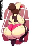  anthro big_breasts big_butt bottomwear breasts brown_body butt canid canine canis clothing domestic_dog female hi_res huge_butt legwear mammal melanie_(thedeathcrow05) shaking_butt shirt shorts solo stockings tail thedeathcrow05 topwear training yellow_body 