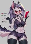  2023 anthro black_body black_fur blush breasts camel_toe canid canid_demon cellphone cleavage clothed clothing demon english_text female fur grey_body grey_fur hellhound helluva_boss hi_res johnfoxart looking_at_viewer loona_(helluva_boss) mammal midriff multicolored_body multicolored_fur navel nipple_outline phone red_sclera simple_background solo strip_meme text two_tone_body two_tone_fur white_body white_fur 