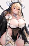  1girl absurdres azur_lane bare_shoulders between_breasts black_gloves blonde_hair blush breasts cleavage covered_navel fake_horns feet_out_of_frame gloves habit hair_between_eyes half_gloves halo hand_up highres horns huge_breasts implacable_(azur_lane) long_bangs long_hair long_sleeves looking_at_viewer nun parted_lips pelvic_curtain red_eyes revealing_clothes shirt_slip sijinni simple_background solo thighhighs thighs two-tone_dress veil very_long_hair white_background white_horns white_thighhighs zettai_ryouiki 