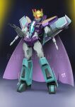  1girl armor cape crown decepticon grey_lips helmet highres humanoid_robot jet_badge jet_boots mechanical_wings pandacron panties purple_panties red_eyes robot shoulder_armor slipstream_(transformers) solo transformers underwear watermark wings 