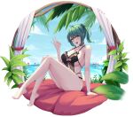  absurdres azur_lane beach black_one-piece_swimsuit breasts cleavage dead_or_alive dead_or_alive_6 dead_or_alive_xtreme full_body grayfoxpochi green_hair highres large_breasts looking_at_viewer manjuu_(azur_lane) multicolored_hair official_alternate_costume ok_sign one-piece_swimsuit sitting streaked_hair swimsuit tamaki_(doa) tamaki_(venus_shower_time)_(doa) 