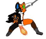  anthro barefoot black_body black_fur blue blue_eyes brown_body brown_fur canid canine domestic_cat ears_up feet felid feline felis fnonymous fox fox_tail fur green hybrid invalid_tag jose male mammal orange_body simple_background solo stripes white_background 