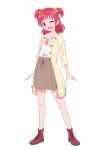  1girl ;d bow brown_shorts collarbone collared_shirt dress_shirt full_body hair_bow highres jwetefmgyvhlxqn long_hair long_sleeves looking_at_viewer one_eye_closed open_mouth precure print_shirt red_eyes red_footwear red_hair shirt shorts simple_background smile solo standing two_side_up white_background white_shirt wing_collar yellow_bow yes!_precure_5 yumehara_nozomi 