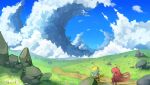  2girls absurdres ahoge bird_legs blonde_hair cloud cloudy_sky coco_(eogks) flower grass green_hair hair_over_one_eye harpy highres hill long_hair mako_(eogks) monster_girl multicolored_hair multiple_girls nn_(eogks) original outdoors red_hair rock scenery sky trail two-tone_hair very_long_hair white_flower winged_arms wings 