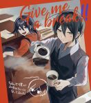  2boys alternate_costume anger_vein black_hair black_pants black_vest brown_eyes coffee coffee_cup cup danganronpa_(series) danganronpa_v3:_killing_harmony disposable_cup english_text flipped_hair hair_between_eyes highres holding_coffee_pot indoors male_focus multiple_boys nemari_(nemaru_0907) oma_kokichi pants paper purple_eyes red_shirt saihara_shuichi shirt short_hair sitting translation_request vest 