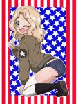 1girl ;d american_flag black_footwear blonde_hair blue_eyes blue_shorts boots brown_jacket commentary denim denim_shorts emblem flag_background from_side girls_und_panzer hair_intakes hand_on_own_knee jacket kay_(girls_und_panzer) kneeling leaning_forward long_sleeves looking_at_viewer medium_hair micro_shorts midriff_peek military military_uniform one_eye_closed open_clothes open_jacket outline saunders_military_uniform shorts smile solo star_(symbol) takahashi_kurage textless_version thighhighs thumbs_up uniform white_outline white_thighhighs 