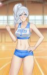 1girl absurdres alternate_costume angry artist_name bare_shoulders blue_buruma blue_eyes blurry blurry_background blush braid braided_ponytail breasts buruma clenched_teeth collarbone copyright_name gym gym_uniform hand_on_own_hip hand_up high_side_ponytail highres indoors jersey long_hair looking_at_viewer medium_breasts middle_finger midriff navel number_print rwby scar scar_across_eye scar_on_face small_breasts snowflake_print solo sports_bra stomach teeth tehshraid thighs v-shaped_eyebrows weiss_schnee white_hair 