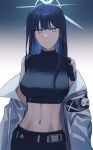  1girl aete bare_shoulders belt black_belt black_shirt blue_archive blue_eyes blue_hair blue_shirt breasts coat commentary_request crop_top gradient_background large_breasts long_hair looking_at_viewer midriff navel no_headwear off_shoulder open_clothes open_coat saori_(blue_archive) shirt sleeveless sleeveless_shirt solo stomach upper_body white_background white_coat 
