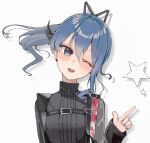  1girl asymmetrical_hair belt black_belt black_dress blue_hair blush chest_belt dress ear_piercing high_ponytail highres hololive hoshimachi_suisei hoshimachi_suisei_(7th_costume) karyln medium_hair one_eye_closed open_mouth piercing ponytail smile solo star_(symbol) star_in_eye symbol_in_eye teeth upper_teeth_only virtual_youtuber white_background 