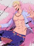  1boy abs blonde_hair capri_pants coat collarbone commentary donquixote_doflamingo earrings feather_coat jewelry leg_hair male_focus muscular muscular_male nashieda navel necklace one_piece open_clothes open_mouth pants pectorals pink_coat purple_pants red-tinted_eyewear shirt shoes short_hair solo sunglasses thread tinted_eyewear tongue tongue_out white-framed_eyewear 