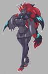  anthro armwear big_breasts blue_eyes bottomwear breasts canid canine claws cleavage clothed clothing demon female fingers fur generation_5_pokemon grey_body grey_fur hair hi_res horn huge_breasts legwear mammal naturally_censored neck_tuft nintendo pokemon pokemon_(species) red_claws red_hair simple_background solo solratic succubus thick_thighs tuft wide_hips wings zoroark 