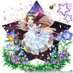  1girl :d alternate_costume basket blue_bow blue_flower bomb bow brown_eyes brown_hair copyright_name dress explosive fairy_wings falling_star flower full_body game_cg hair_bow holding holding_basket looking_at_viewer mountain open_mouth parted_lips petals purple_flower rotte_(1109) smile solo star_(symbol) star_sapphire star_sapphire_(white_star_fairy) third-party_source touhou touhou_lost_word white_dress white_flower white_footwear wings 