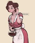  1girl apron artist_name ayaki_d blush breasts brown_hair cleavage dress green_eyes highres holding_coffee_pot instagram_username large_breasts mature_female original parted_lips pink_dress simple_background solo twitter_username white_apron yellow_background 