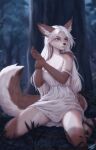  2023 anthro blue_eyes breasts canid canine clothed clothing dress female forest forest_background fox freckles hair heterochromia hi_res inner_ear_fluff long_hair long_tail looking_aside losse_(personalami) mammal nature nature_background on_ground personalami plant sitting solo tail torn_clothing tree tuft white_hair yellow_eyes 