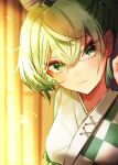  1girl absurdres alternate_costume blurry blurry_background closed_mouth commentary_request green_eyes green_hair hat highres japanese_clothes kimono looking_at_viewer short_hair soga_no_tojiko solo takana_(forsterite) touhou upper_body 