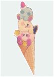 :o ;d arm_up arms_up blue_eyes blush blush_stickers border cherry closed_eyes closed_mouth commentary food food_on_head fruit grey_background highres ice_cream_cone kirby kirby_(series) looking_at_viewer no_(x_xasm) no_humans object_on_head one_eye_closed open_mouth outline simple_background smile star_(symbol) strawberry symbol-only_commentary waffle_cone waving white_border white_outline 