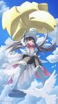  absurdres armpits balloon black_hair blue_sky bow breasts cloud cloudy_sky floating floating_hair from_below green_eyes h@ne hat highres holding holding_balloon long_hair looking_at_viewer magia_record:_mahou_shoujo_madoka_magica_gaiden mahou_shoujo_madoka_magica mariko_ayaka red_bow sky soul_gem star_balloon teeth thick_eyebrows top_hat underboob upper_teeth_only white_dove 