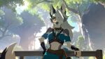  anthro canid canine canis clothed clothing female fur grey_body grey_fur helluva_boss hi_res loona_(helluva_boss) mammal mangakitsune2 nintendo outside red_eyes solo the_legend_of_zelda wolf 
