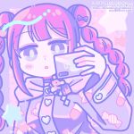  1girl :o blush bow braid candy_print cellphone choker commentary_request commission denonbu double_bun hair_bow hair_bun hand_up holding holding_phone hood hoodie inubousaki_shian long_hair long_sleeves looking_at_viewer open_mouth pastel_colors phone pill_print pink_hair purple_eyes purple_hoodie second-party_source skeb_commission smartphone solo star_(symbol) twin_braids upper_body yazawa_mametarou 