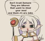  chibi cloak elf frieren mage_staff ouchihitme pointy_ears profanity sousou_no_frieren speech_bubble white_cloak white_hair 