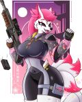  anthro canid canine clothed clothing curvy_figure detailed detailed_clothing effects eye_scar facial_scar female fox fur gun hair hi_res hourglass_figure kimiko_five_tails mammal multi_tail pink_hair ranged_weapon reloading scar solo sparkles sulldfox tail thick_thighs thigh_pouch weapon white_body white_fur 