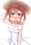  1girl :o arm_up bare_arms bare_shoulders blue_eyes blush breasts brown_hair brown_headwear character_request collarbone copyright_request dress hair_ornament hairclip hand_on_headwear hat highres looking_at_viewer medium_breasts nanami_ayane_(kusunoki5050) open_mouth sidelocks simple_background solo straw_hat sundress twintails upper_body white_background white_dress 